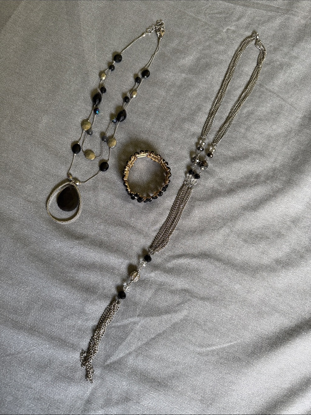 2 Necklaces and 1 Bracelet: Black Multi-Strand Necklace
